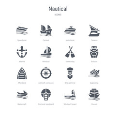 set of 16 vector icons such as vessel, windsurf board, port and starboard, watercraft, capsizing, ship admiral, azimuth compass, afterdeck from nautical concept. can be used for web, logo,