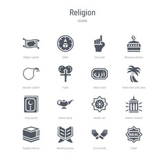 set of 16 vector icons such as halal, dua hands, reading quran, kaaba mecca, islamic lantern, arabic art, genie lamp, holy quran from religion concept. can be used for web, logo, ui\u002fux