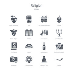 set of 16 vector icons such as shofar, religious salt, jewish bagels, israel flag, solomon temple in jerusalem, hebrew wine, kippah, torah book from religion concept. can be used for web, logo,
