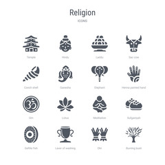 set of 16 vector icons such as burning bush, ohr, laver of washing, gefilte fish, sufganiyah, meditation, lotus, om from religion concept. can be used for web, logo, ui\u002fux