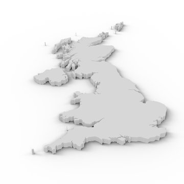 Top down angled view of map of united kingdom. 3d illustration