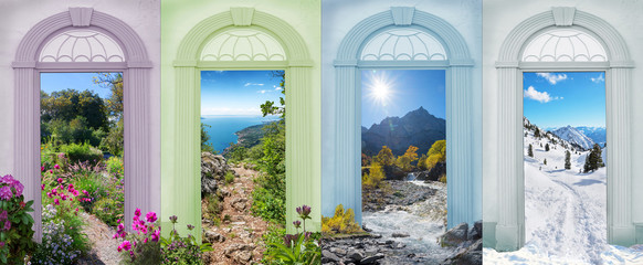 Vier Jahreszeiten bunte Torbogen mit Blick auf verschiedene Landschaften V