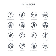 set of 16 vector icons such as no entry, no mobile phone, no parking, stopping, straight, turn right, turn, waiting from traffic signs concept. can be used for web, logo, ui\u002fux