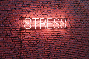 Red neon lights word stress on brick wall, conceptual 3d illustration