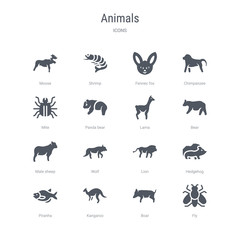 set of 16 vector icons such as fly, boar, kangaroo, piranha, hedgehog, lion, wolf, male sheep from animals concept. can be used for web, logo, ui\u002fux