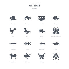 set of 16 vector icons such as wasp, bulldog, gold fish, capybara, pike, swordfish, perch, crocodile from animals concept. can be used for web, logo, ui\u002fux