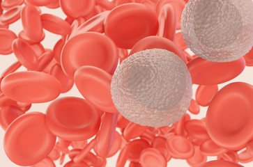Monocyte white blood cells in blood stream with red blood cells. 3d illustration