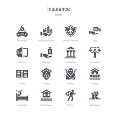 set of 16 vector icons such as earthquake, robbery, flooded house, hospital bed, transport, terrorist, disaster, license from insurance concept. can be used for web, logo, ui\u002fux