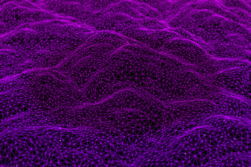 Abstract purple blue wireframe network on dark black background. 3d illustration