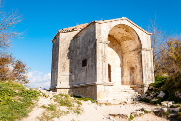 Old stone mountain Karaite kenasy Medieval cave city-fortress Chufut-Kale, Bakhchisaray, Crimea