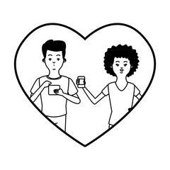 Millennial couple in heart frame cartoon in black and white