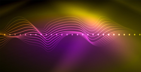 Glowing abstract wave on dark, shiny motion, magic space light. Techno abstract background