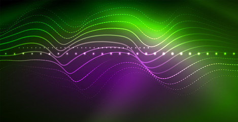 Glowing abstract wave on dark, shiny motion, magic space light. Techno abstract background