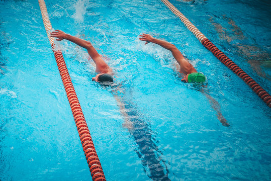 Professional swimming training. Two athlete swim together in the pool