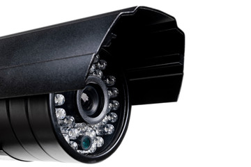 CCTV security camera video equipment. Surveillance monitoring. Video camera lens closeup. Macro...