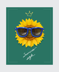 Sunflower with sunglasses and slogan Summer style. T-shirt print with Vector illustration