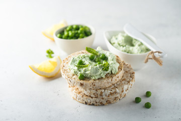 Healthy pea mint dip on rice bread