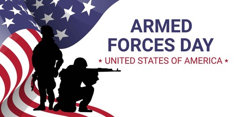 Armed forces day  poster design with soldiers silhouettes and american flag. USA patriotic illustration