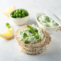 Healthy pea mint dip on rice bread