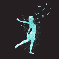 Naklejka na ściany i meble Freedon concept. Watercolor dancing silhouette of girl with birds.