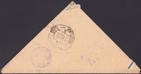 Soldier triangle,a letter from the front.Old postal envelope.Postmark Yoshkar-Ola and viewed by the...