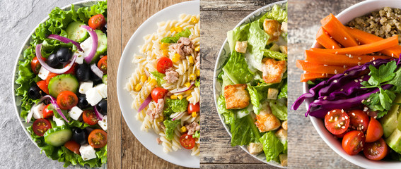 Collage of healthy salad. Greek salad, Pasta salad, Caesar salad and Buddha bowl