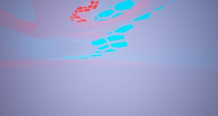 Abstract  white Futuristic Sci-Fi interior With Red And Blue Glowing Neon Tubes . 3D illustration and rendering.