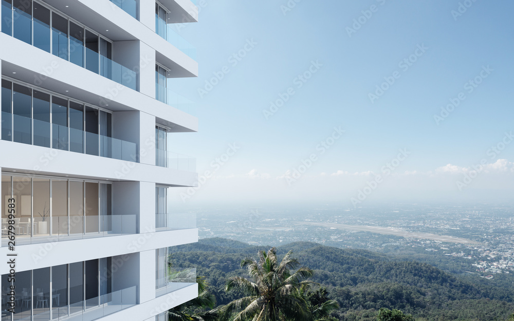Poster perspective of high-rise condominium building with mountain and city view background - 3d rendering 
