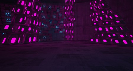 Abstract  Concrete Futuristic Sci-Fi interior With Pink And Blue Glowing Neon Tubes . 3D illustration and rendering.