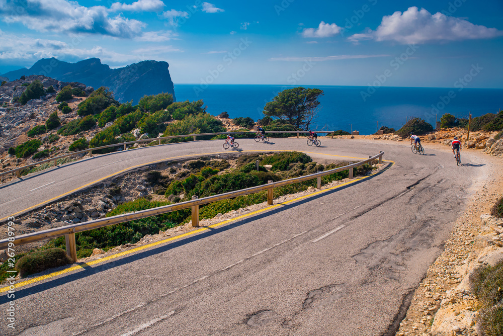 Wall mural road bikers on the road on balearic islands.