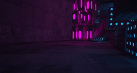 Abstract  Concrete Futuristic Sci-Fi interior With Pink And Blue Glowing Neon Tubes . 3D illustration and rendering.