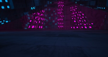 Abstract  Concrete Futuristic Sci-Fi interior With Pink And Blue Glowing Neon Tubes . 3D illustration and rendering.