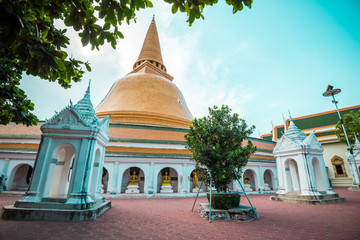 Fototapeta premium The most biggest golden pagoda in Thailand Phra Pathom Chedi, Nakhon Pathom province - Travel popular temple destination landmark in Thailand near Bangkok.