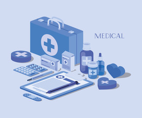 medical kit with order in checklist and set icons