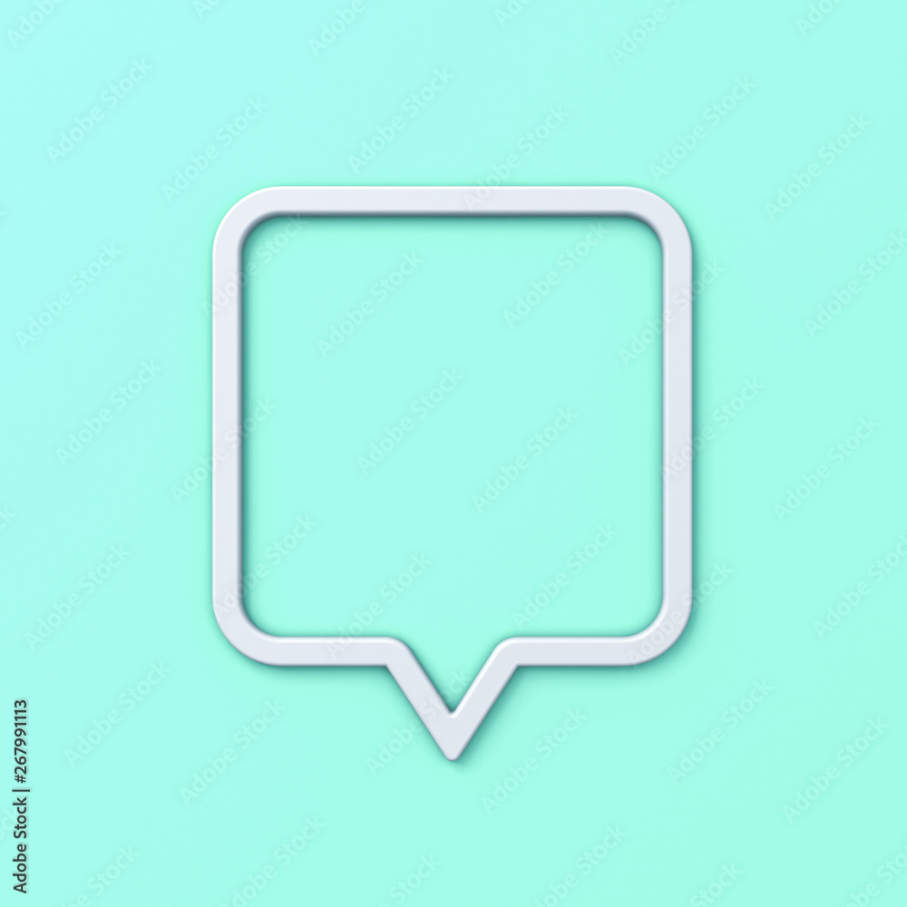 Poster Blank speech bubble frame or white rounded square social media notification pin with shadow isolated on light blue green pastel color background 3D rendering