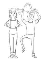 Millennial people game party in black and white