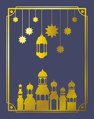 eid mubaray frame with mosque and lamps ,stars hanging