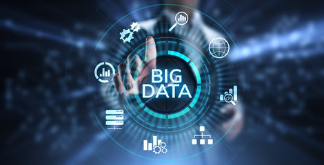 Big data analytics technology internet technology concept. Businessman pressing button on virtual screen.