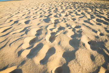 Footprint on tropical papradise beach with  in sunshine day morning. Tropical summer beach holiday vacation lifestyle traveling, resort hotel business concept.