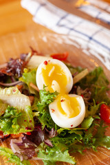 American cobb salad with greens, bacon and eggs for a rustic dinner