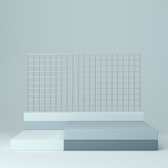 3d rendering. Abstract podium with silver, dark and light blue shapes. Geometric forms in modern minimal design. Minimalistic mock up for promotion, cosmetic background, product show. Podium.