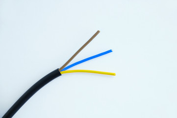 Cut black electrical wire with wiring. White background.