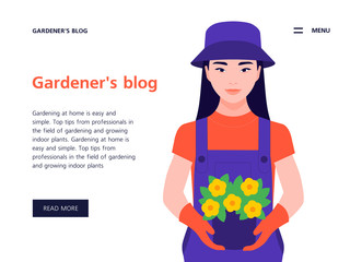 Asian girl holding a potted plant. Template for web site and presentation. The child grows plants in the garden. Landing page. Vector flat illustration