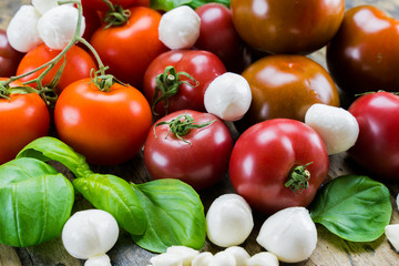 tasty colorful organic food ingredients for tomato mozzarella salad on a rustic wooden table