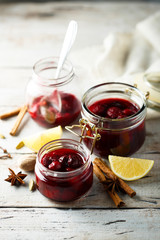 Homemade cherry jam with lemon and cinnamon