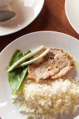 Light pork steak with  steamed rice for a diet dinner