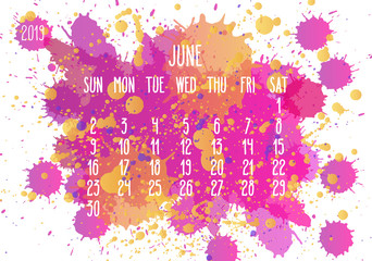 June year 2019 paint monthly calendar