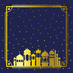 frame with golden mosque building with stars sky