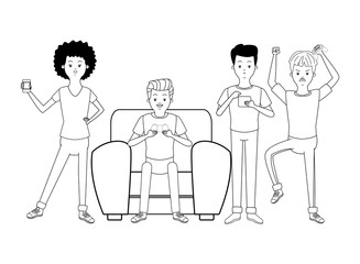 Millennial people gaming party black and white