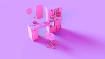 Pink Small Contemporary Home Office Setup with Bookshelf Wall Clock Calculator Desk Lamp an Files 3d illustration 3d rendering